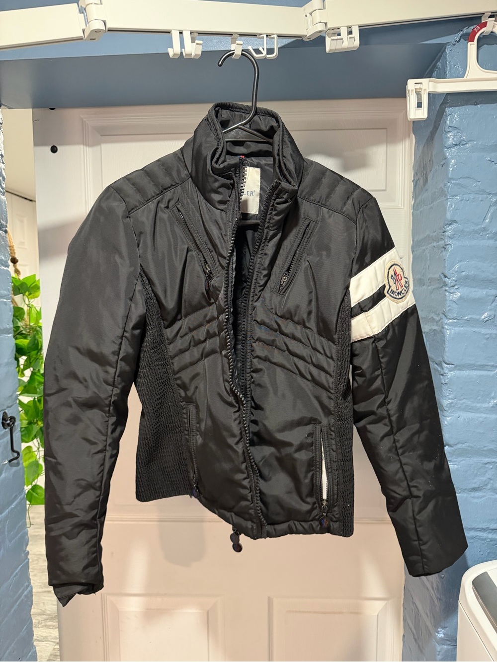 Moncler Black Ski Snow Jacket with White Arm Stripe